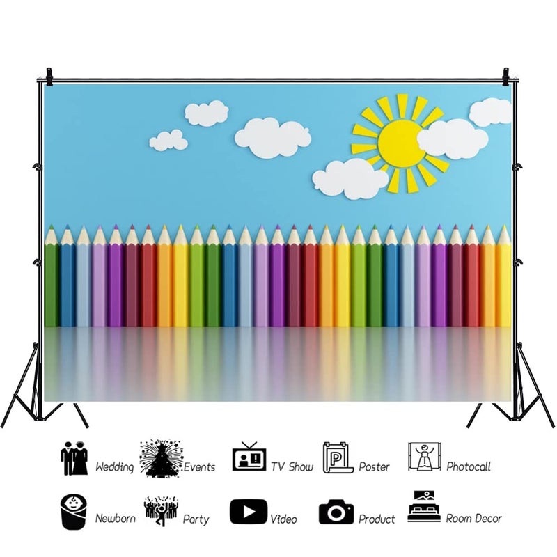 Baocicco 8x6.5ft Vinyl Backdrop Children's Room Interior Decor Photography Background Crayon Sun Clouds Blue Background Kindergarten Activity Children's Room Wallpaper Decor Children Portrait - Image 5
